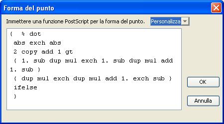 FUNZIONI DI COLOR SETUP 49 Forma del punto Selezionare una funzione PostScript per la forma del punto. Quando si seleziona Personalizza, appare la finestra di dialogo Forma del punto.