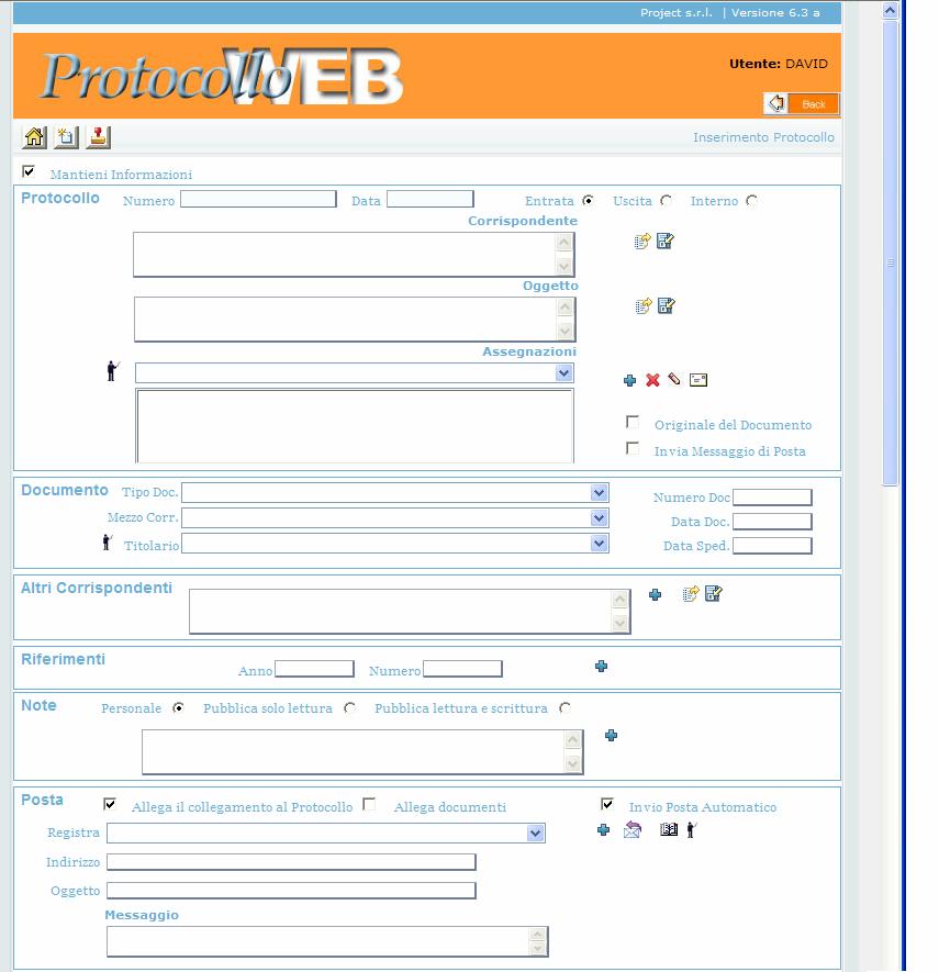 20. INSERIMENTO La finestra d inserimento permette di protocollare