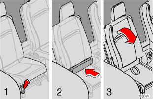 04 Portare i sedili nella posizione posteriore di fine corsa (vale solo per le versioni sette posti). Reclinare gli appoggiatesta. Liberare il fermo (1) e ribaltare lo schienale in avanti.