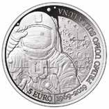 Sopra: 5 euro 2019 in argento, San Marino, 50 anniversario dello sbarco sulla Luna; 5 euro 2019 in argento (18 g, 32 mm) Italia, 50 anniversario dello sbarco sulla Luna.