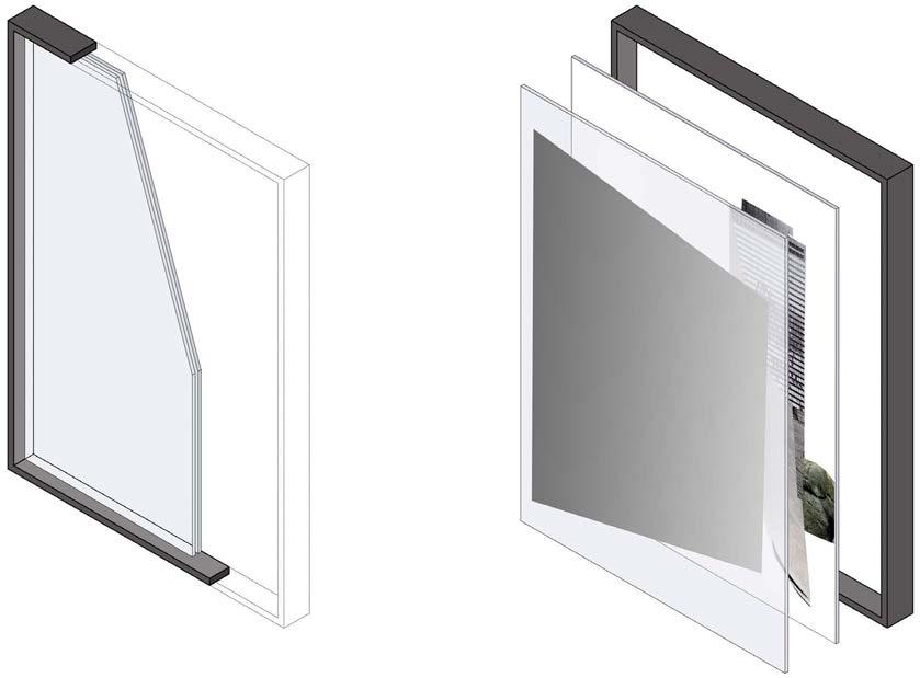 2 STRATI / 2 LAYERS cornice / frame 2 1 Sono composti da due lastre di vetro inserite in una cornice di alluminio finitura bronzo.
