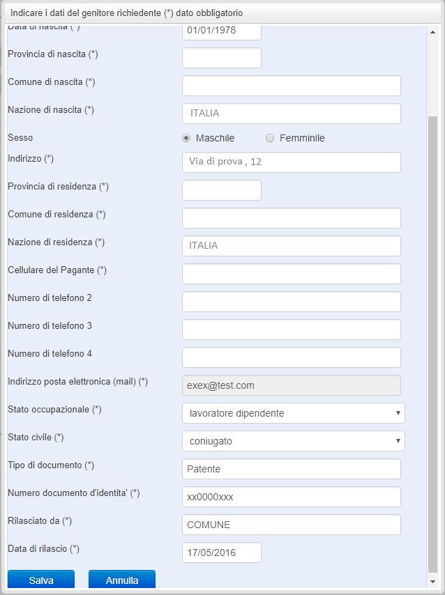 Apparirà una schermata composta da tre sezioni: 1. Richiedente/Pagante 2. Isee 3.