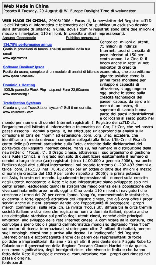 Rassegna Stampa Tutto sul web made in China - 16 agosto 2006 Istituto