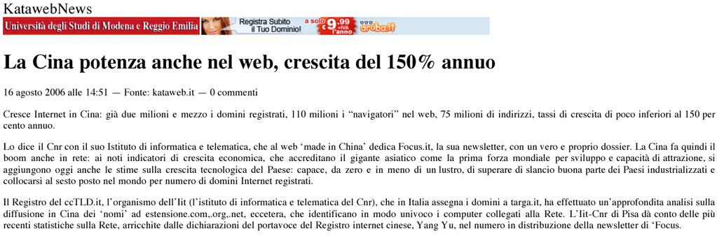 Rassegna Stampa Tutto sul web made in China - 16 agosto 2006