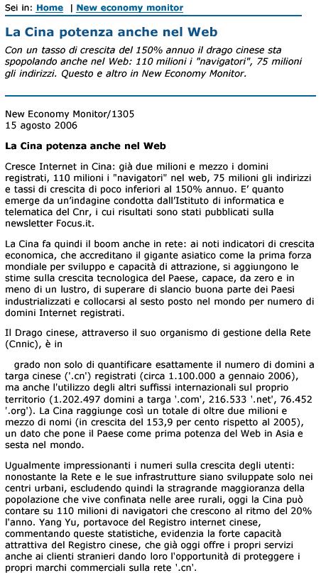 Rassegna Stampa Tutto sul web made in China - 16 agosto 2006 - segue - Istituto di