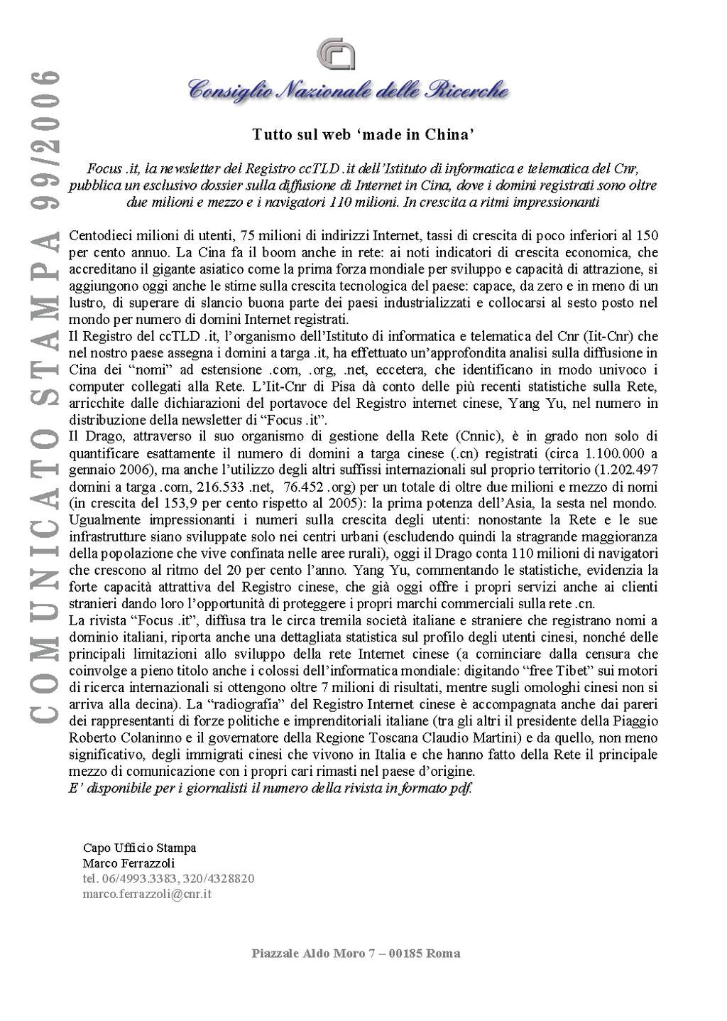 Rassegna Stampa Tutto sul web made in China - 16 agosto 2006 Istituto