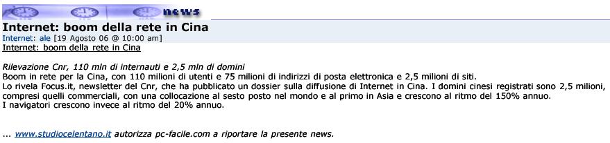 Rassegna Stampa Tutto sul web made in China - 16 agosto 2006 Istituto