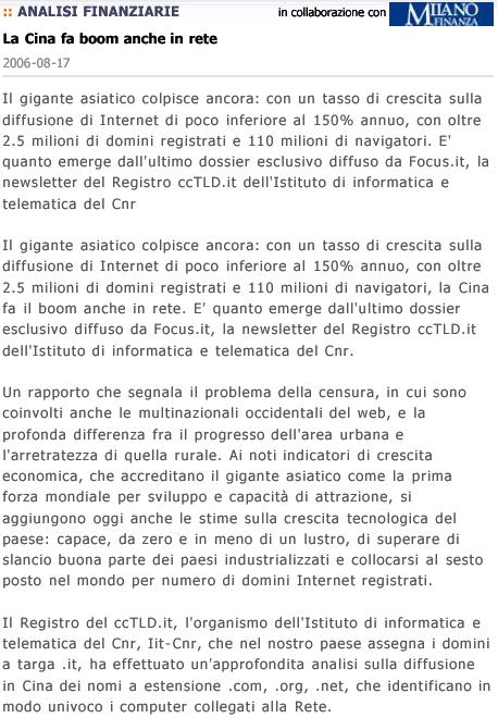 Rassegna Stampa Tutto sul web made in China - 16 agosto 2006 - segue -