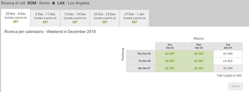 La matrice mostra la prima settimana del mese selezionato e consente di modificare le settimane nella parte superiore della visualizzazione.