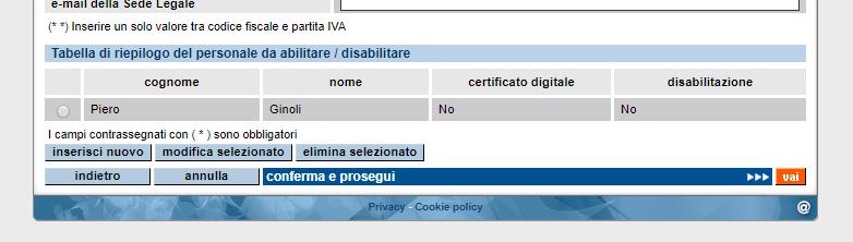 La Richiesta di abilitazione Fase on line (6 di 8) Fase 1 Immissione della richiesta on line: DATI DEGLI UTENTI DA ABILITARE.