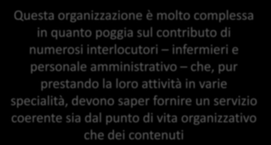 Aspetti critici Questa organizzazione è molto complessa in quanto poggia sul contributo di numerosi interlocutori infermieri e personale amministrativo che, pur prestando la loro attività in varie