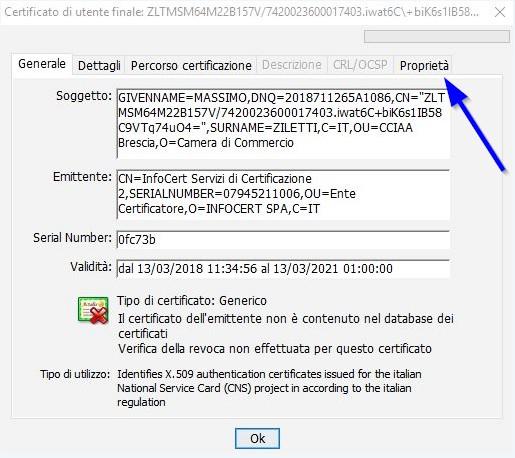 cliccare sulla scheda Proprietà come nella sottostante immagine: spuntare quindi la voce Considera il certificato attendibile e confermare con Applica Nella finestra di conferma del salvataggio