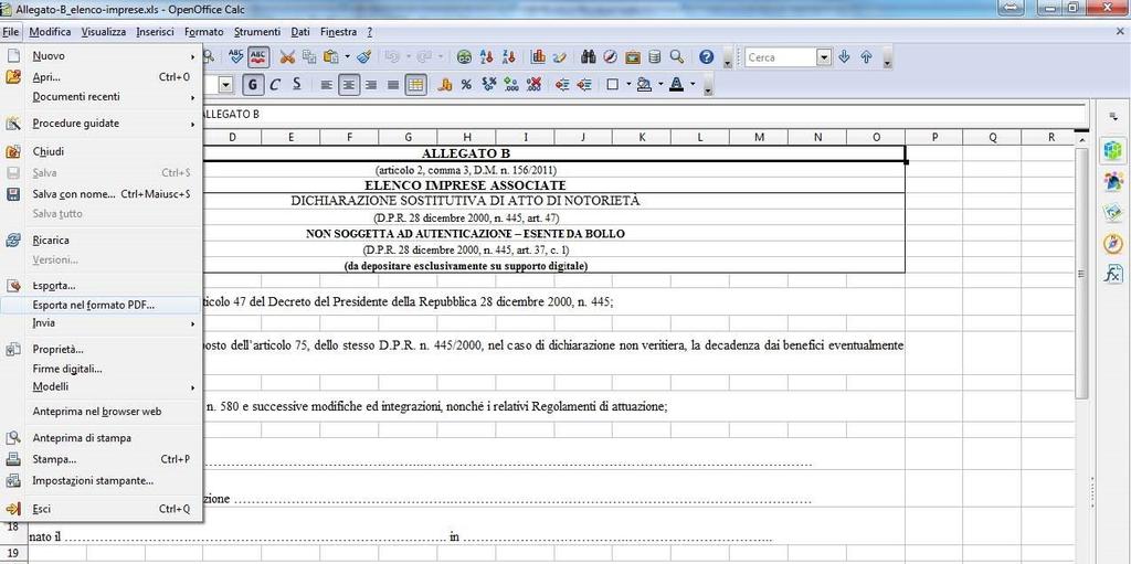 c) Istruzioni per creare un file PDF/A tramite OpenOffice Calc 4.x 1. OpenOffice Calc (Versione 4.