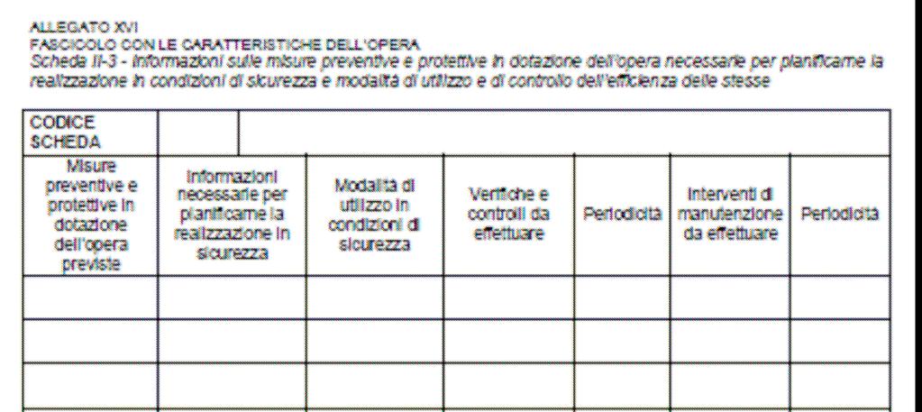 Fascicolo: contenuti (All. XVI) Linea vita: caratteristiche, dati di progetto; prestazioni;.. Rif.