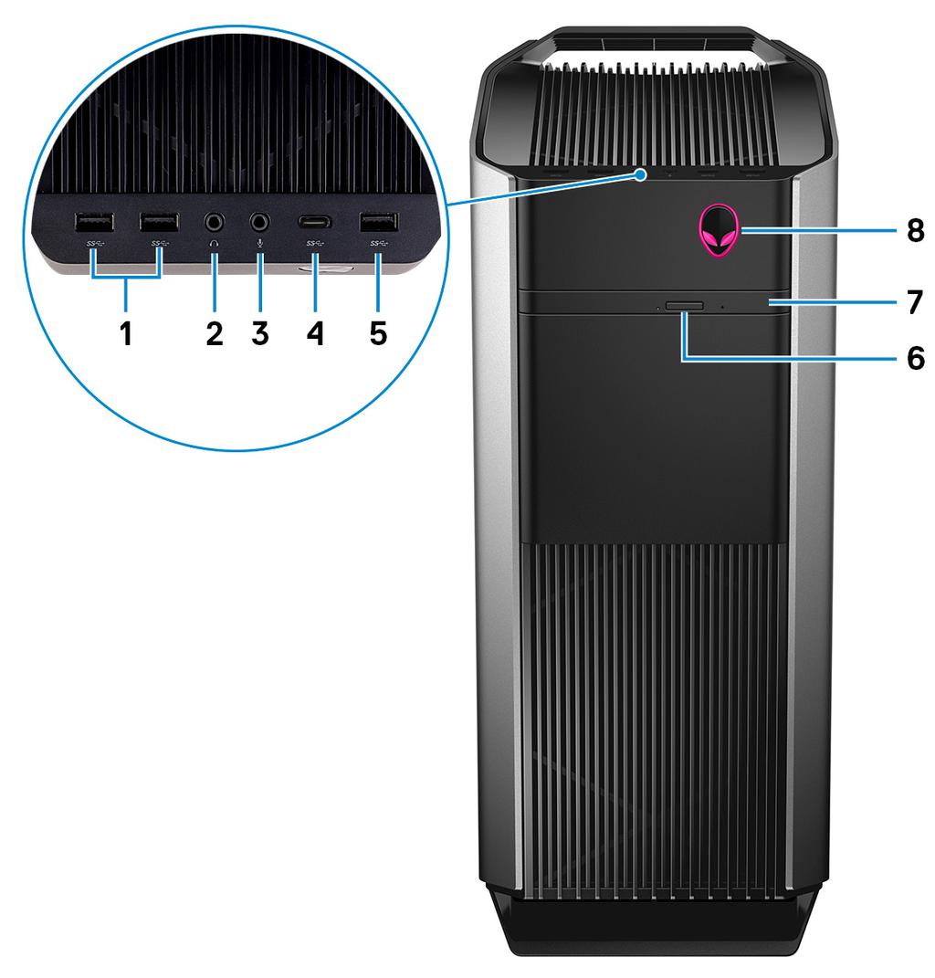 Viste di Alienware Aurora R8 Parte anteriore 1 Porte USB 3.1 Gen 1 (2) Collegare periferiche come le stampanti e i dispositivi di archiviazione esterni.