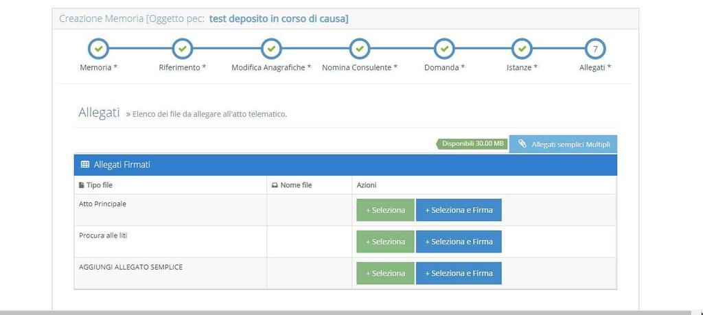 Si tratta ora di allegare l atto e i documenti da depositare E possibile sia caricare l atto già firmato selezionando il tasto verde