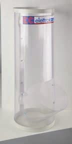 plastica trasparente, supporto metallico verniciato appoggiabile direttamente su un piano o agganciabile agli scaffali. Dimensioni Ø 200 mm x H 600 mm.