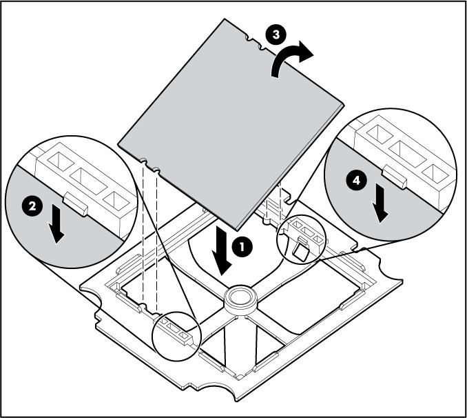 6. Ruotare la levetta e aprire la staffa di ritenuta. IMPORTANTE: accertarsi che il processore resti all'interno dell'apposito attrezzo di installazione. 7.