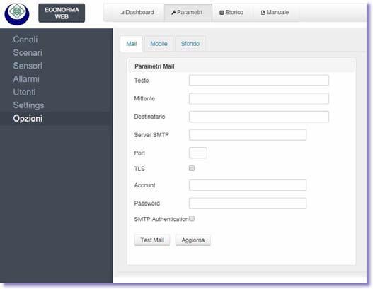 PARAMETRI Opzioni E possibile configurare l account di posta elettronica, le coordinate per il