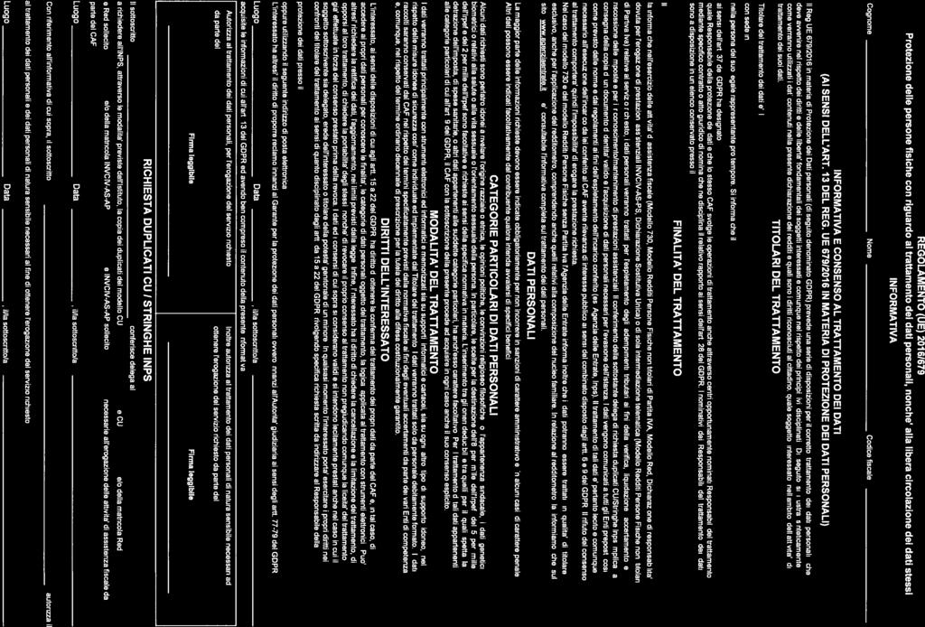 REGOLAMENTO (UE) 0161679 Protezione delle persone fisiche con riguardo al trattamento dei dati personali, nonche alla libera circolazione dei dati stessi NFORMATVA Cognome Nome Codice fiscale