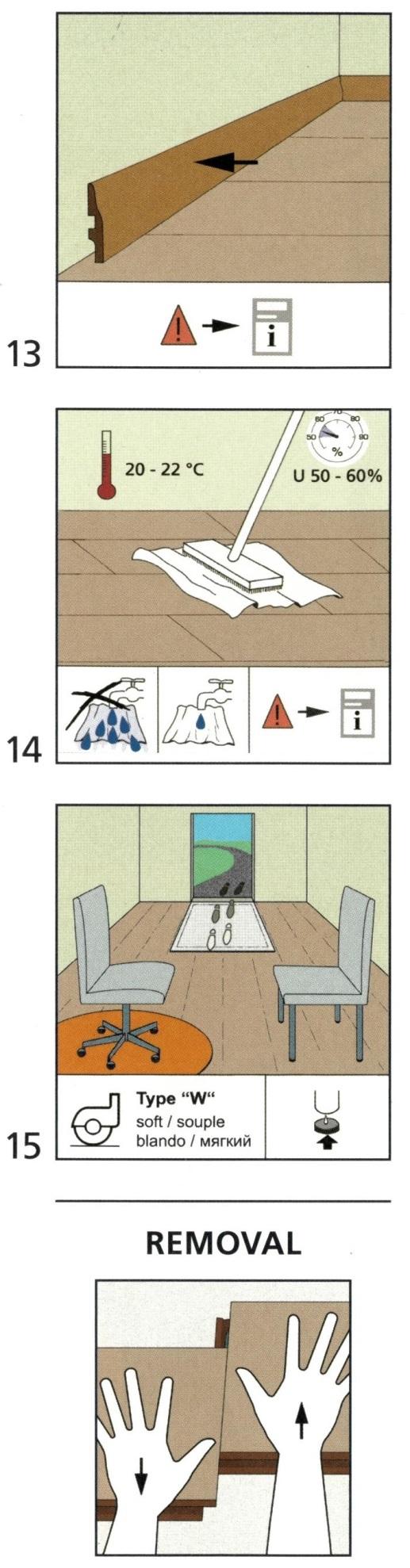 (13) Posizionare il battiscopa in modo da coprire lo spazio lasciato per la dilatazione o ritiro della pavimentazione.