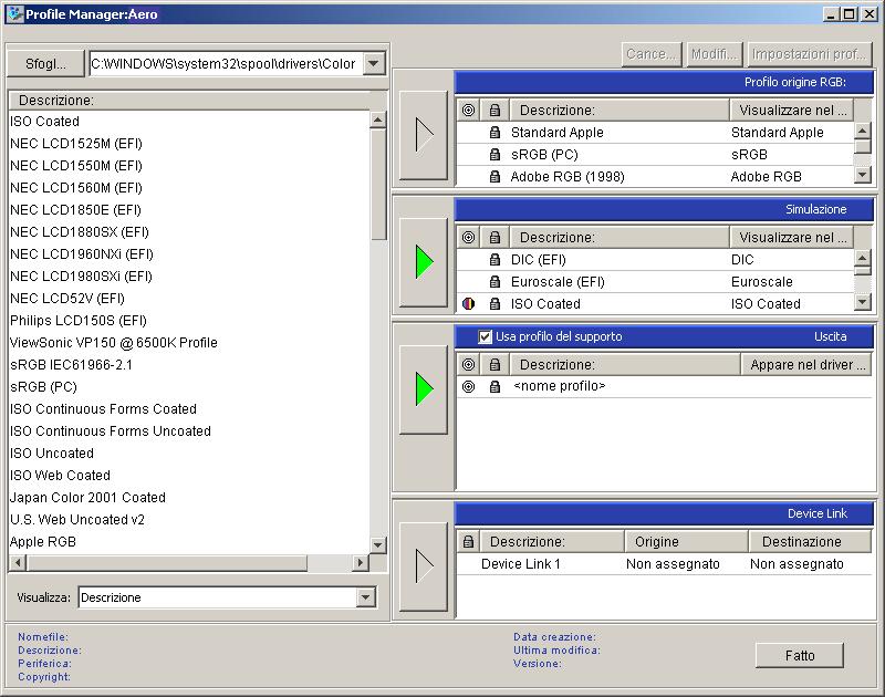 COLORWISE PRO TOOLS 30 3 Per aggiungere il profilo Device Link nell area Device Link, selezionare tale profilo nell elenco Descrizione e fare clic sulla freccia verde rivolta verso l area Device Link.