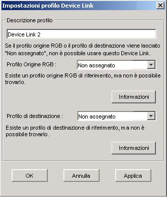 COLORWISE PRO TOOLS 31 PER ASSEGNARE LE IMPOSTAZIONI AL PROFILO DEVICE LINK 1 Dopo aver trasferito il profilo Device Link mediante Profile Manager e averlo aggiunto nell area del profilo Device Link,