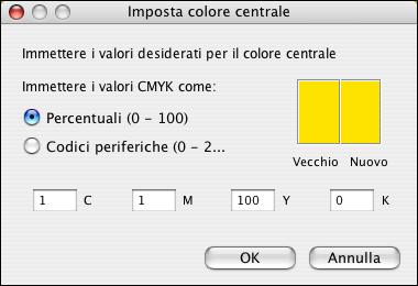 SPOT-ON 74 3 Fare clic sul campione centrale. Viene visualizzata la finestra di dialogo Imposta colore centrale. 4 Immettere dei valori per ciascun canale di colore C, M, Y e K.