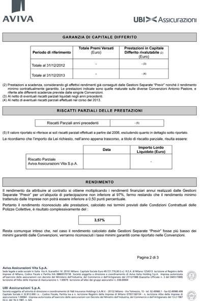 3 6 7 4 5 SEZIONE 3 Contiene un ulteriore dettaglio sulla polizza di Capitale differito. I premi sono suddivisi per anni di versamento: totale al 31 dicembre 2012; totale al 31 dicembre 2013.