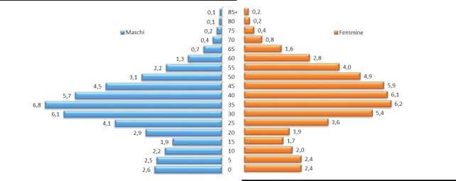 Tab. 2 - Popolazione straniera in anagrafe per genere e classi di età al 31.12.2017. Roma Classe di età Maschi Femmine Totale v.a % v.a % v.a % 0-14 28.340 15,5 26.518 13,1 54.858 14,2 15-19 7.