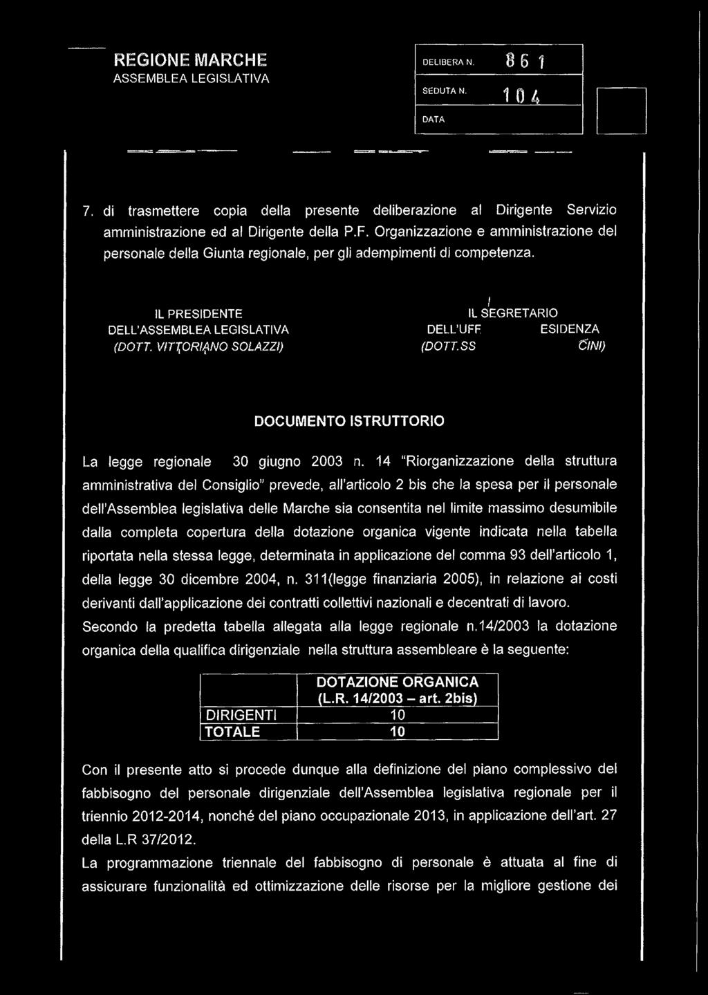 SS I IL SEGRETARIO ESIDENZA ClNi) DOCUMENTO ISTRUTTORIO La legge regionale 30 giugno 2003 n.