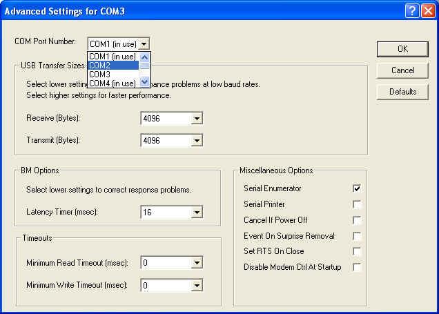 In Advanced Settings selezionare la prima porta COM libera e premere OK.