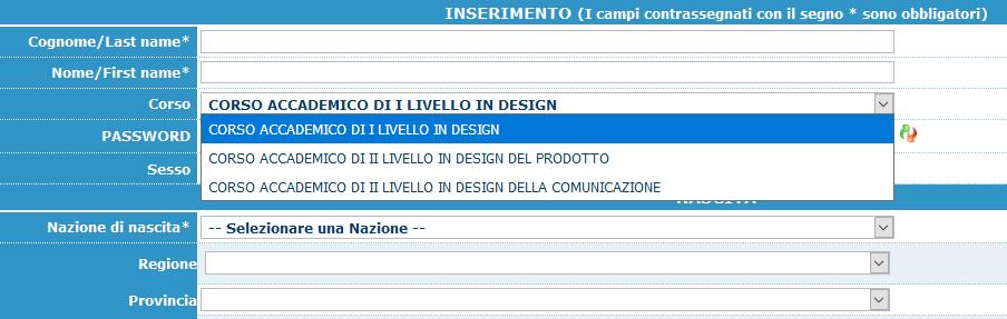 Cognome: inserire solamente il cognome a caratteri MAIUSCOLI.