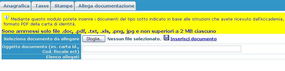 Descrivere il documento se è carta di Identità, passaporto o altro. Alla fine cliccare su Inserisci documento.