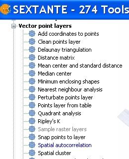 Sextante Vector point layers Spatial autocorrelation intervallo distanze tra punti 2km il risultato