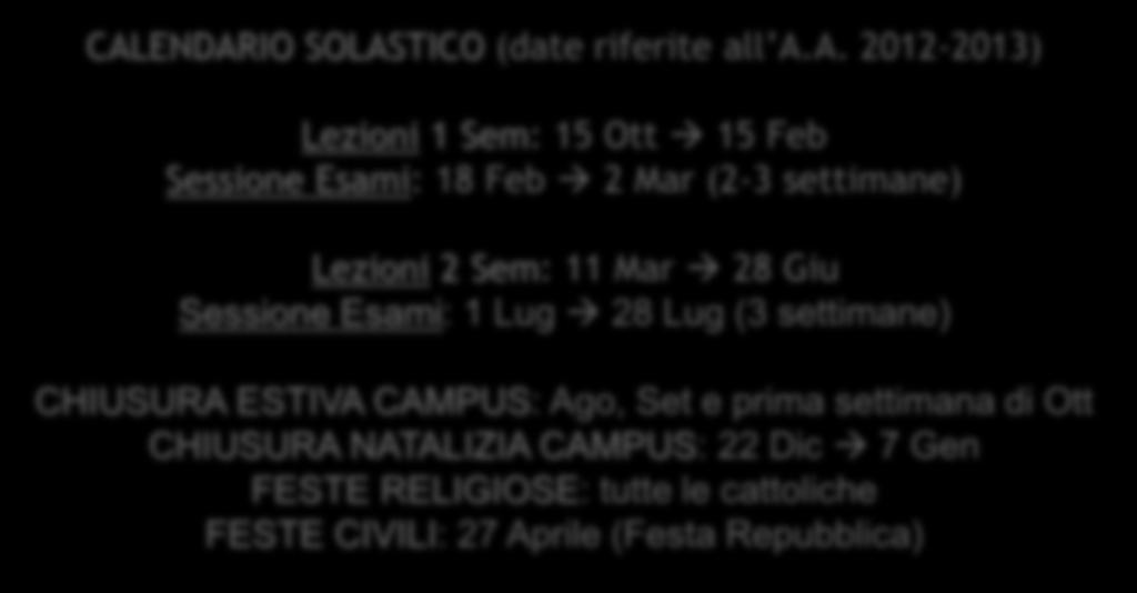 Lezioni 1 Sem: 15 Ott 15 Feb Sessione Esami: 18 Feb 2 Mar