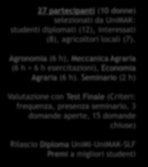 Seminario (2 h) Valutazione con Test Finale (Criteri: frequenza, presenza seminario, 3 domande aperte, 15 domande chiuse) Rilascio Diploma UniMI-UniMAK-SLF Premi a migliori studenti FIRST NAME MIDDLE