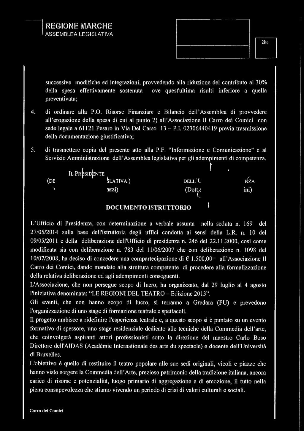 Risorse Finanziare e Bilancio dell Assemblea di provvedere all erogazione della spesa di cui al punto 2) all Associazione II con sede legale a 61121 Pesaro In Via Del Carso 13 - P.