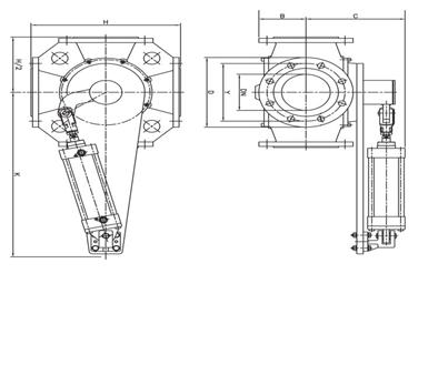 / Pneumatic double acting Tenuta verso esterno / Seal towards the outside 100% Foratura Flange / Flange drilling DEVIATORE 4 VIE COMANDO PNEUMATICO / 4 WAYS DEVIATOR WITH PNEUMATIC CONTROL DN MISURE