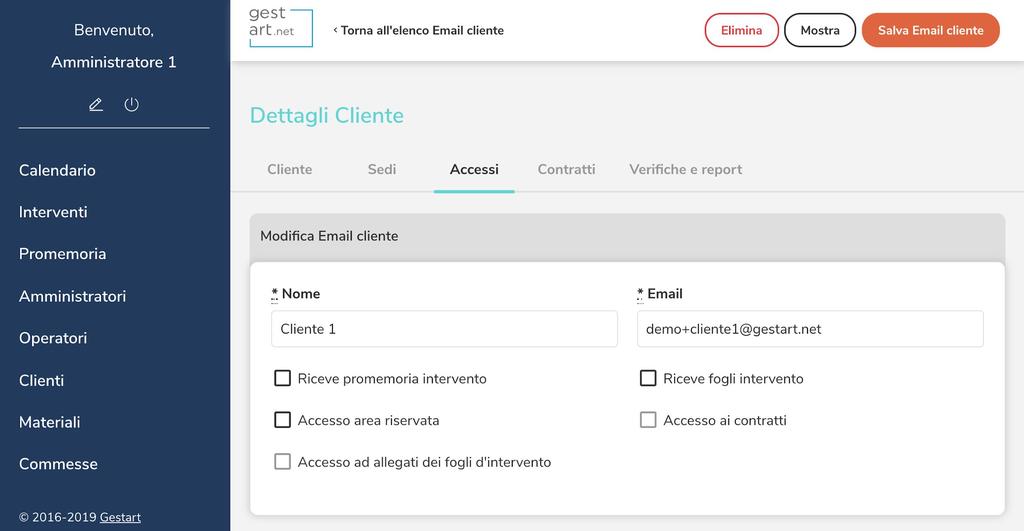 Gestione accessi area cliente e notifiche Spuntando Accesso area riservata l utente viene abilitato ad accedere all area cliente (https://clienti.gestart.net).