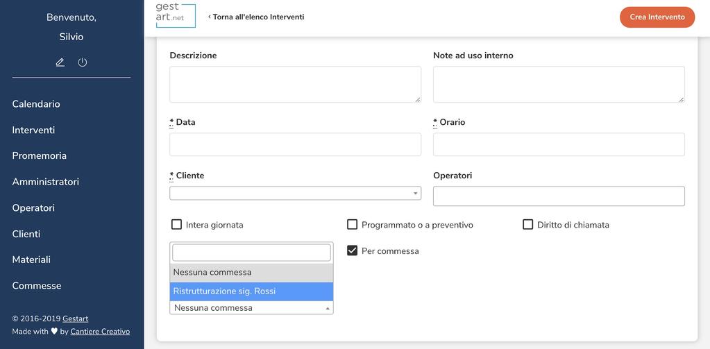 Creazione intervento Selezionando Per commessa è possibile associare l intervento ad una commessa.
