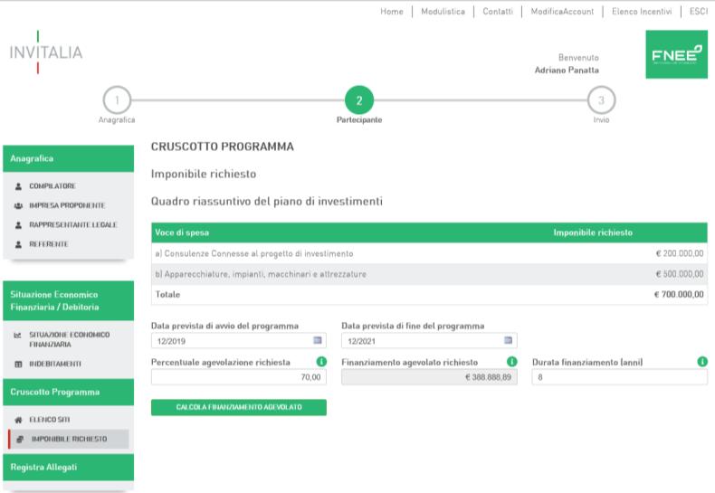 Terminato l inserimento di tutti gli interventi afferenti ogni sito previsto dal proprio progetto, si deve selezionare la sottosezione Imponibile richiesto.