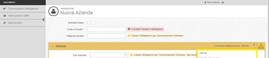 La pagina che segue, mostra le informazioni necessarie alla memorizzazione di un azienda.