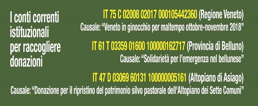 IT 75 C 02008 02017 000105442360 (REGIONE VENETO) Casuale: Veneto in ginocchio per maltempo ottobre novembre 2018 IT 61 T 03359 01600 100000162717 (PROVINCIA DI BELLUNO) Casuale: Solidarietà per l