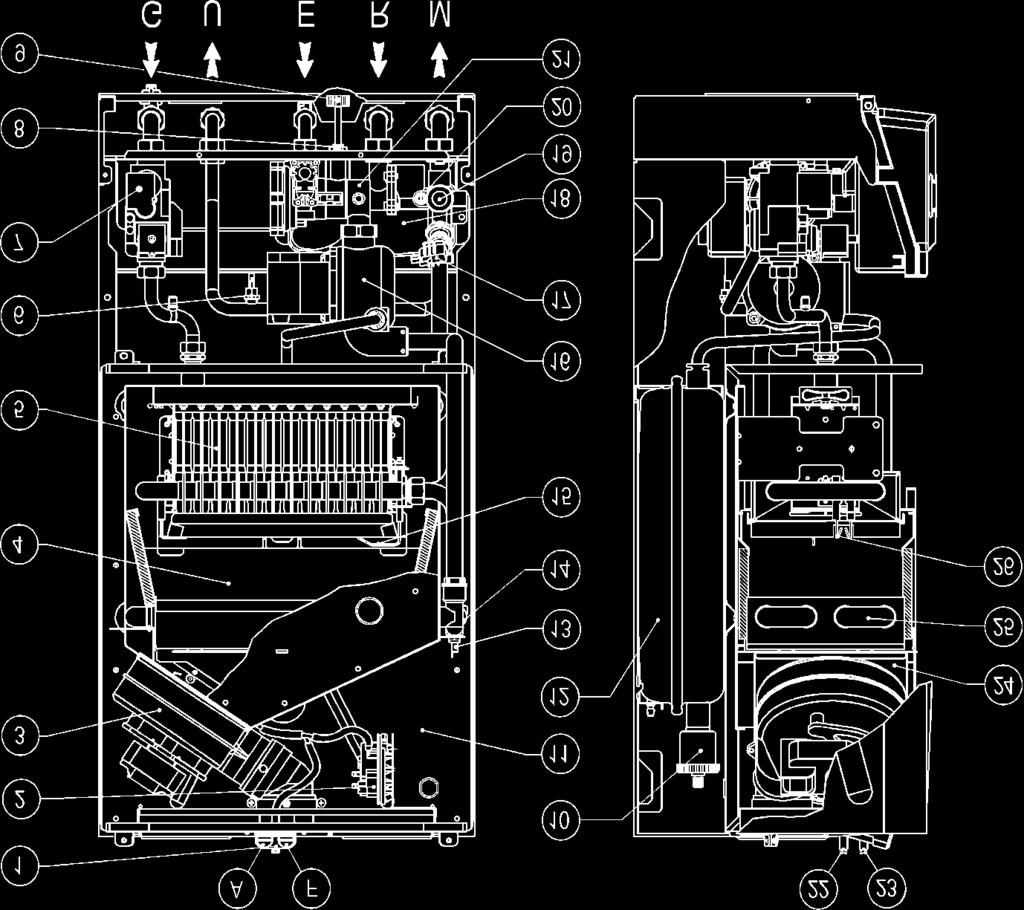 COMPONENTI PRINCIPALI 1 - Pozzetto prelievo (A= aria) (F= fumi) 2 - Pressostato sicurezza ventilatore 3 - Ventilatore espulsione fumi 4 - Camera di combustione 5 - Bruciatore 6 - Sonda NTC regol.