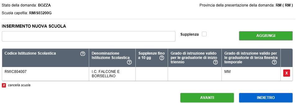 Il bottone avanti per confermare e tornare all elenco delle scuole.