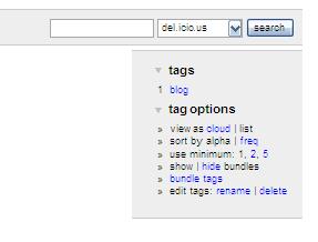 Raggruppiamo tag simili in cartelle Torniamo alla nostra pagina del.icio.us e diamo un'occhiata al box grigio sulla destra: ci sono alcune opzioni per l'ordinamento dei tag.