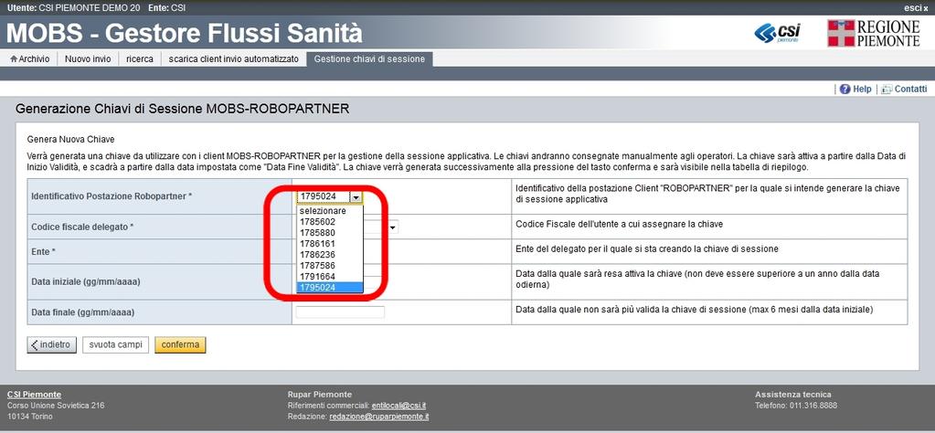 Viene presentata la videata per l inserimento delle caratteristiche della chiave di sessione da generare sulla quale occorre inserire, come prima cosa, l identificativo della postazione.