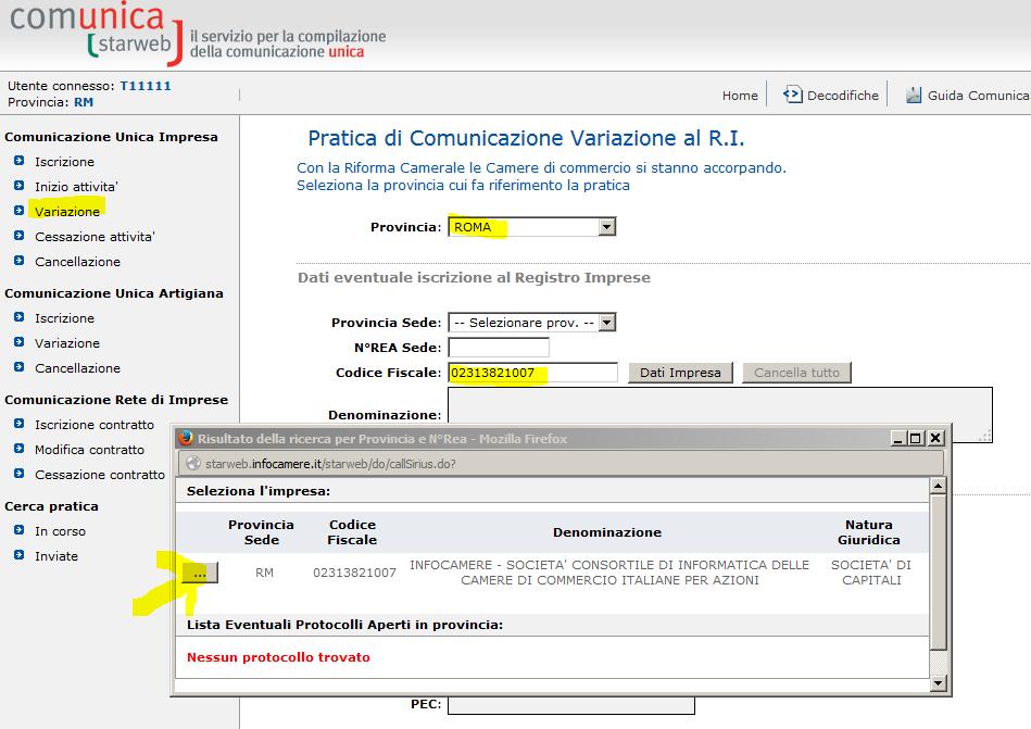 A questo punto, selezionando Dati Impresa, dopo il ribaltamento dei dati dell impresa, viene proposta una lista di gruppi di possibili comunicazioni di variazione come sotto indicato: le voci che