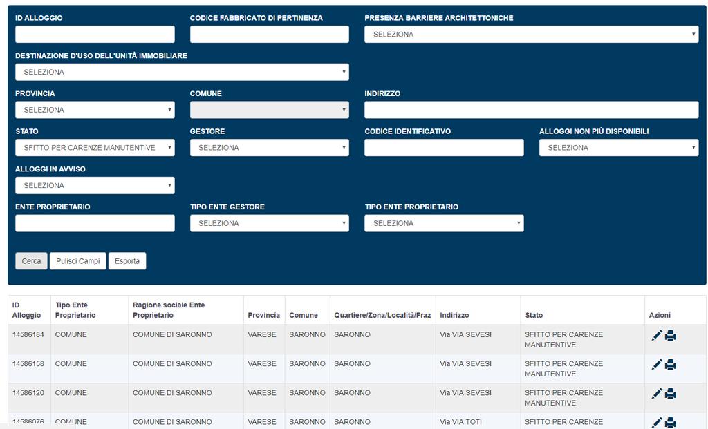 Ricognizione offerta abitativa Esportano i risultati delle ricerche in formato Excel, producendo i 3 elenchi di dettaglio SERVIZI ABITATIVI PUBBLICI Elenco